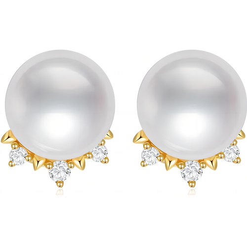 10K Gold Diamond & Pearl Spherical Stud Earrings