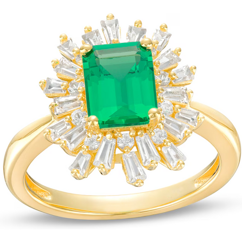 10K Gold Emerald Cut Emerald & Diamond Starburst Frame Engagement Band