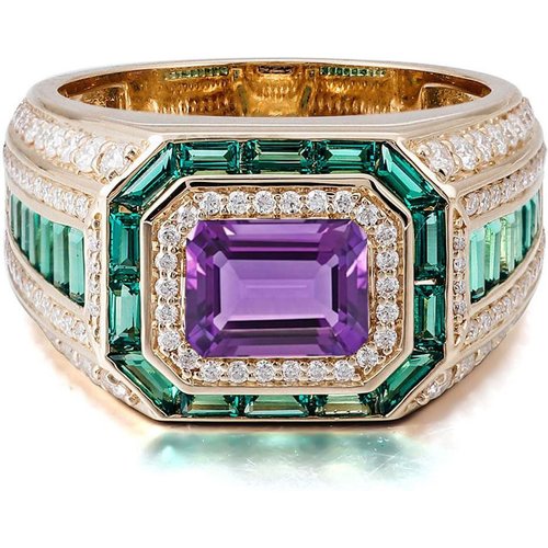 10K Gold Emerald Cut Large Center Stone Amethyst Ring for Men