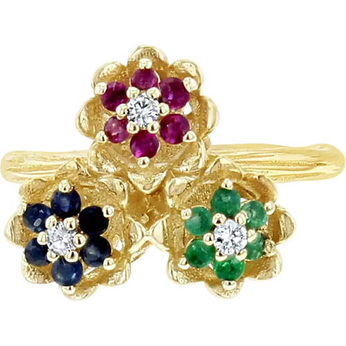 10K Gold Emerald & Sapphire & Ruby Multi Gemstone Three Stone Statement Tulip Floral Band