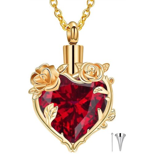 10K Gold Gemstone Personalized Birthstone Flower Cremation Urn Necklace for Ashes