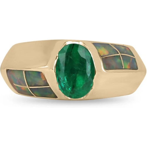 10K Gold Green 2 to 7 CT Oval Emerald & Opal Accent Statement Custom Ring for Men