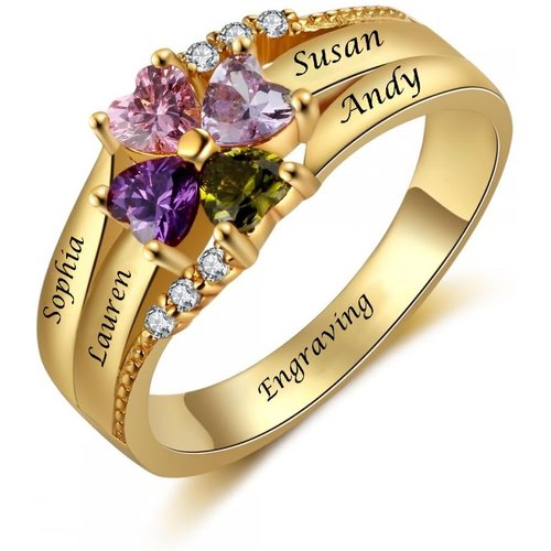 10K Gold Heart Cubic Zirconia Clover Personalized Name Birthstone Ring