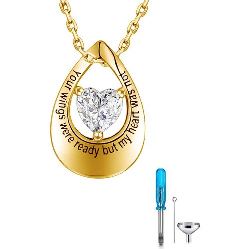 10K Gold Heart Cut Cubic Zirconia Drop Shape Urn Necklace for Ashes