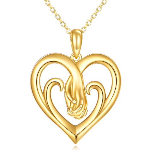 10K Gold Interlocking Hearts & Hold Hands Pendant Necklace For Mother