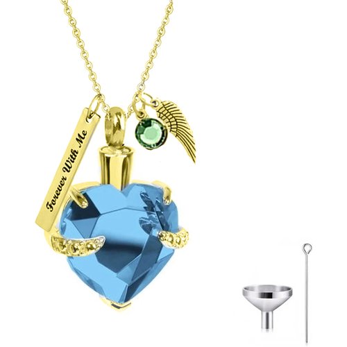 10K Gold Heart Cubic Zirconia Personalized Classic Name & Angel Wing Urn Necklace for Ashes