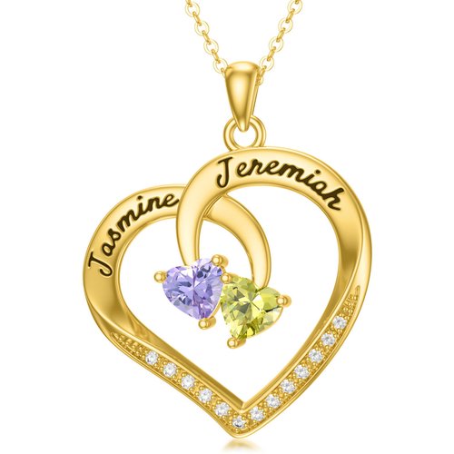 10K Gold Cubic Zirconia Heart Personalized Name and Birthstone Pendant Necklace