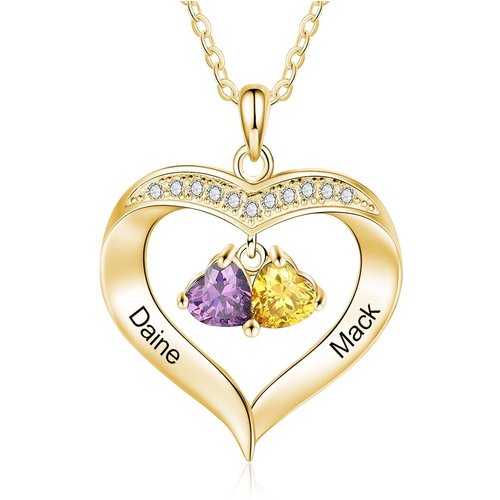 10K Gold Heart Cubic Zirconia Personalized Birthstone Engraving Pendant Necklace For Women