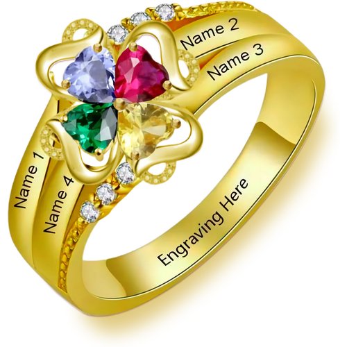 10K Yellow Gold Heart Cubic Zirconia Personalized Birthstone With Personalized Classic Name Ring For Women