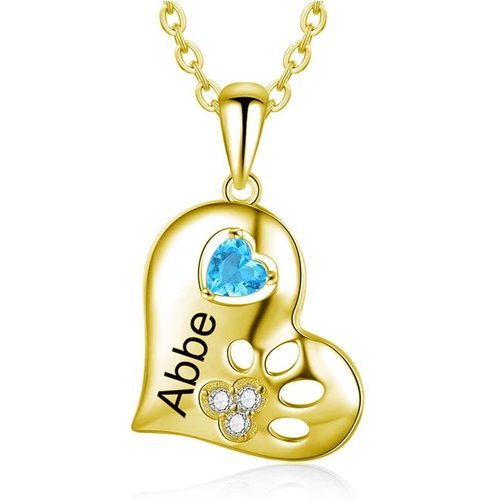 10K Gold Heart Birthstone & Personalized Engraving Paw Pendant Necklace For Womem