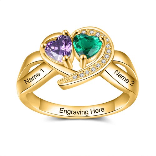 10K Gold Heart Personalised Birthstone & Personalised Engraving Ring For Women