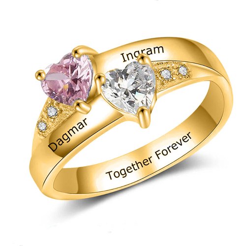 10K Gold Solitaire Set Heart Cut 2 Birthstones Personalized Name Ring For Her