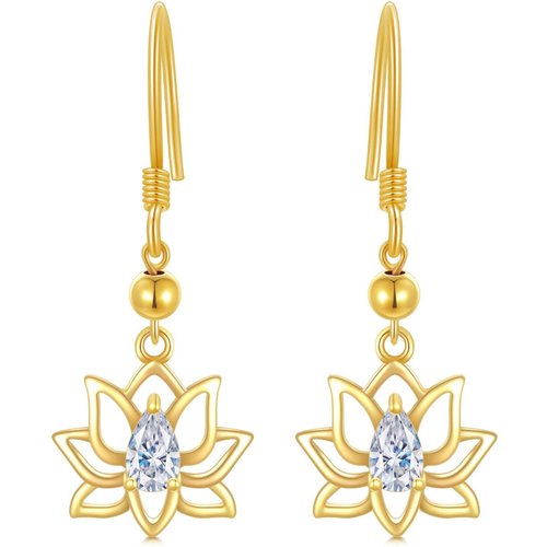 10K Gold Zircon Lotus Drop Earrings