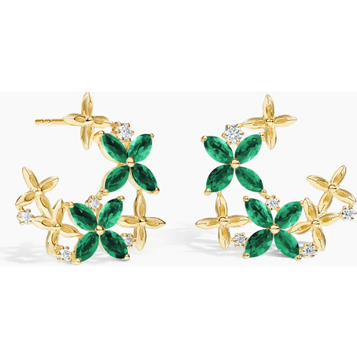 10K Gold Marquise Cut Emerald Floral Lattice Diamond Hoop Earrings