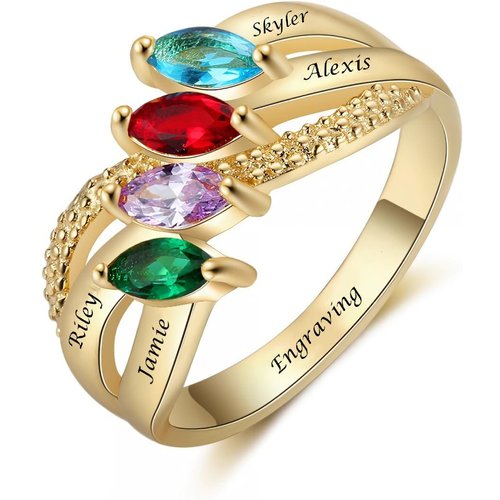 10K Gold Marquise Shaped Cubic Zirconia Personalized Name Birthstone Ring