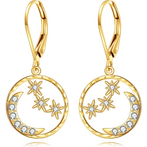 10K Gold Cubic Zirconia Moon & Star Drop Earrings