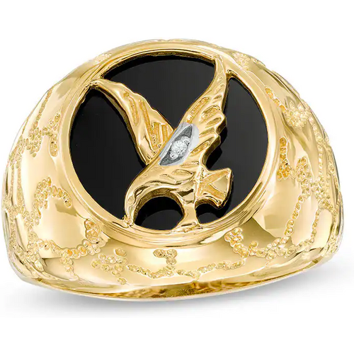 10K Gold Round Shaped Agate & Diamond Custom Eagle Signet Ring for Men I Color I2 Clarity 3EX IGI Certified