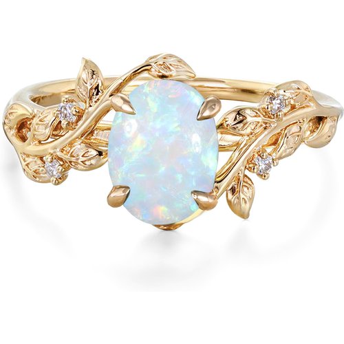 10K Gold Oval Cut Ivy Engagement Ring Nature Inspired Birthstone Leaf Vine Art Deco Wedding Promise Anniversary Rings fa