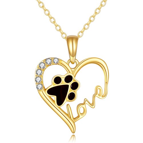 10K Gold Paw & Heart Pendant Necklace with Engraved Word