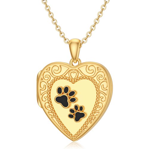 10K Gold Paw & Heart Pendant Personalized Photo Locket Necklace