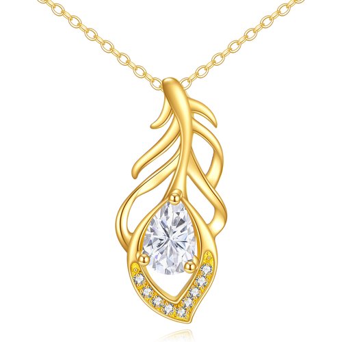 10K Gold Pear Cubic Zirconia Feather Pendant Necklace