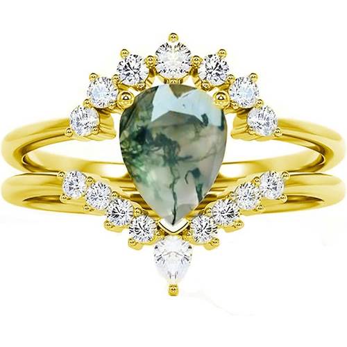 10K Gold Pear Moss Agate With Moissanite Engagement Ring