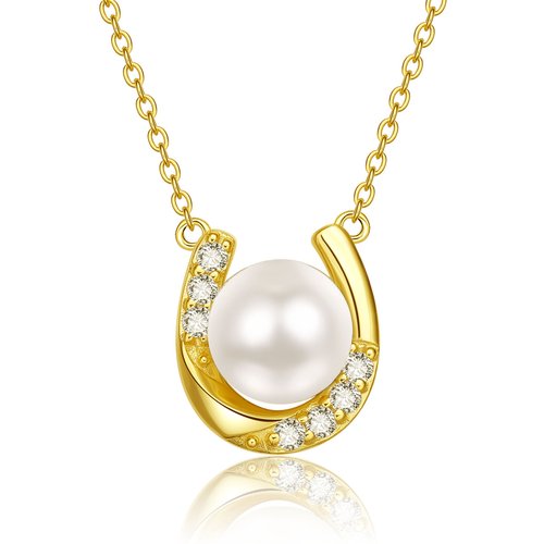 10K Gold Pearl With Cubic Zirconia Horseshoe Pendant Necklace For Women
