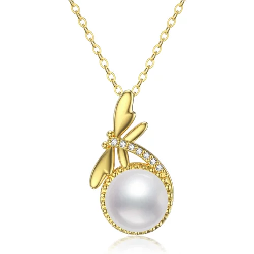 10K Gold Pearl Dragonfly Pendant Necklace