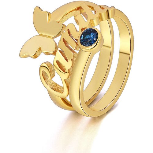 10K Gold Birthstone Personalised Engraving Butterfly Open Ring For Women