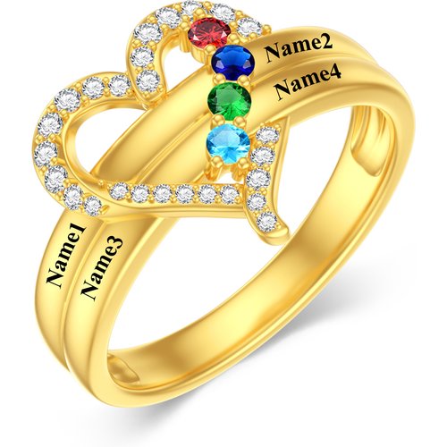 10K Gold Heart Personalized Birthstone Custom Family Name Ring Gift For Mom Grandma