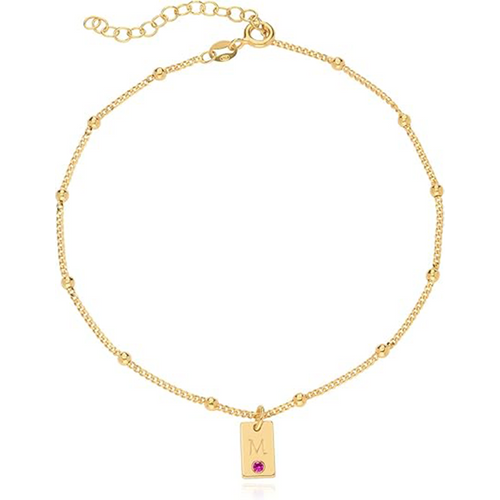 10K Gold Cubic Zirconia Personalized Birthstone Engraving Single Layer Charm Anklet