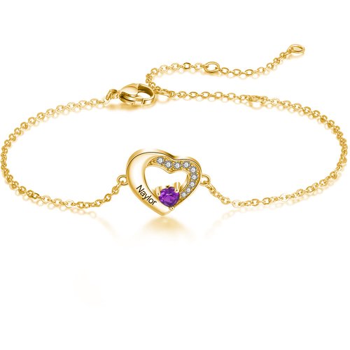 10K Gold Cubic Zirconia Personalized Birthstone & Name With Heart Charm Bracelet