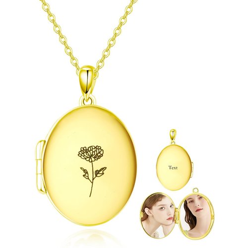 10K Gold Personalized Engraving Birth Flower Photo Locket Necklace For Women
