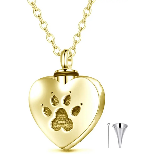 10K Gold Personalized Engraving Dog Paw & Heart Urn Necklace for Ashes