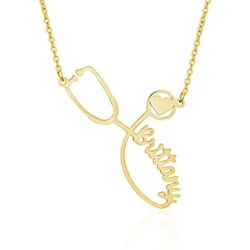10K Gold Personalized Name Heart Stethoscope Necklace for Women