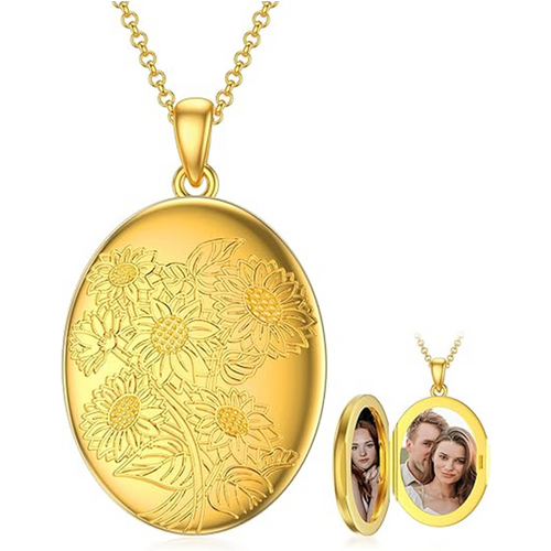 10K Gold Sunflower Personalised Photo Locket Necklace For Women