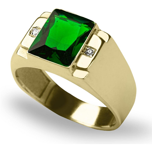 10K Gold Princess Cut Emerald & 2 Diamond Accents Three-Stone Band Gifts for Him Men’s Fine Jewelry