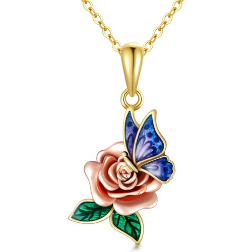 10K Gold Two-Tone Butterfly With Rose Pendant Necklace For Women