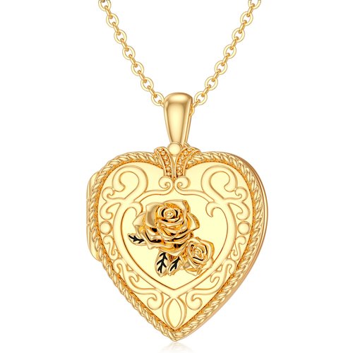 10K Gold Rose & Heart Personalized Photo Locket Necklace