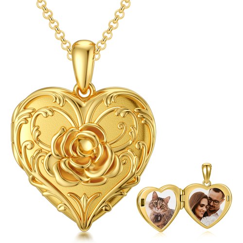 10K Gold Rose With Heart Personalized Photo Locket Necklace For Women