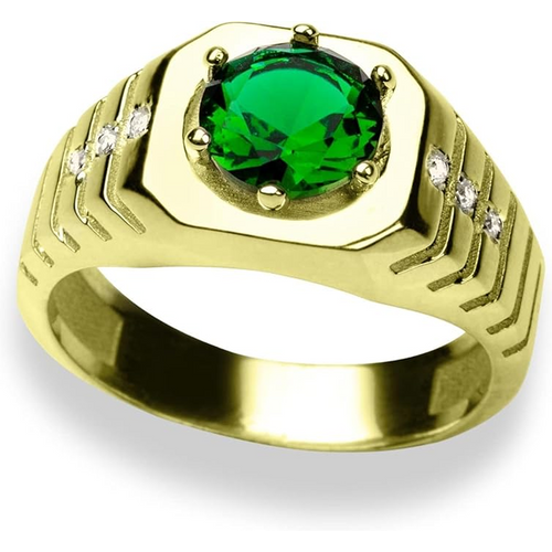 10K Gold Round Cut Emerald & 6 Diamond Accents Wedding Band for Men