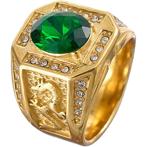 10K Gold Round Cut Emerald & Natrual Diamond Dragon Signet Wedding Band Best Gift for Husband/Father/His