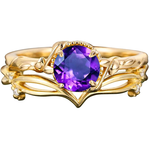 10K Gold Round Cut Ivy Gemstone Engagement Ring Vintage Wedding Bridal Anniversary Proposal Ring Set