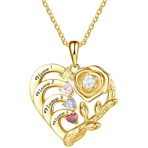 10K Gold Round Cut Personalized Birthstone Name Heart Necklace for Women