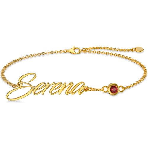 10K Gold Round Zircon Personalized Birthstone & Classic Name Charm Bracelet For Women