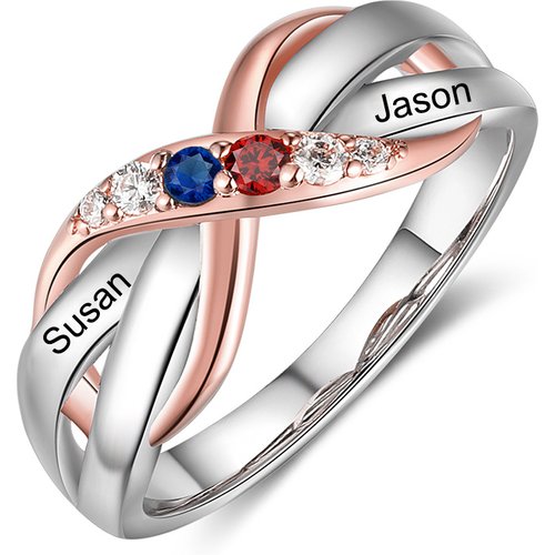 10K Gold Two-tone Round Zircon Personalized Birthstone Name Infinity Symbol Ring