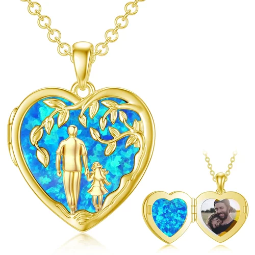 10K Yellow Gold Opal Tree Of Life With Father And Daughter Personalized Photo Locket Necklace For Women