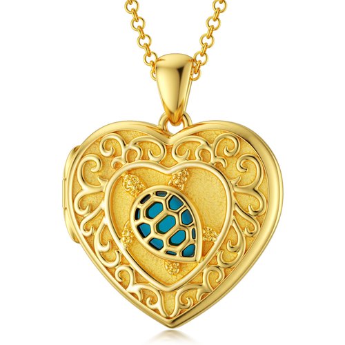 10K Gold Turquoise Heart Personalized Photo Locket Necklace