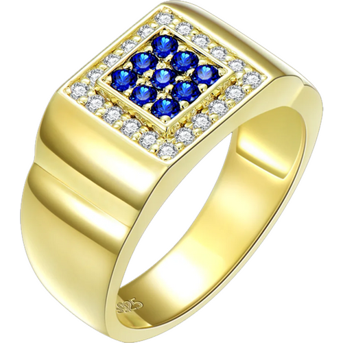 10K Gold Square Personalized Pave-Set Blue Sapphire Ring For Men Custom Band For Boyfriend