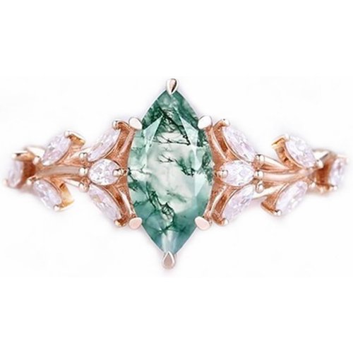 10K Rose Gold 1CT Marquise Cut Moss Agate Cluster Floral Engagement Ring